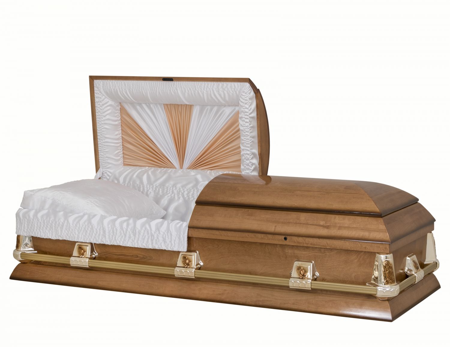 Cercueils Concept 15200-00073-N CERCUEIL DE PEUPLIER LUSTRÉ SATIN  MIEL MATELAS NON B9905    3 X 1 OR BRILLANT MAINS JOINTES