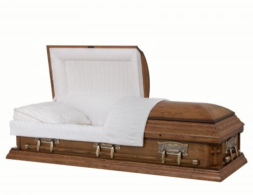 Cercueils Concept 65202-00077-N CERCUEIL DE CHÊNE GRAIN OUVERT NOVA FONCÉ MATELAS OUI H6014-6    3 X 1 OR ANTIQUE  DERNIÈRE SCÈNE